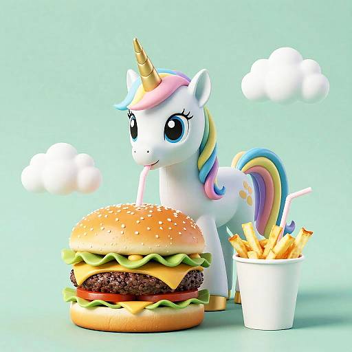 Pastel Rainbow-Maned Unicorn Enjoying Burger