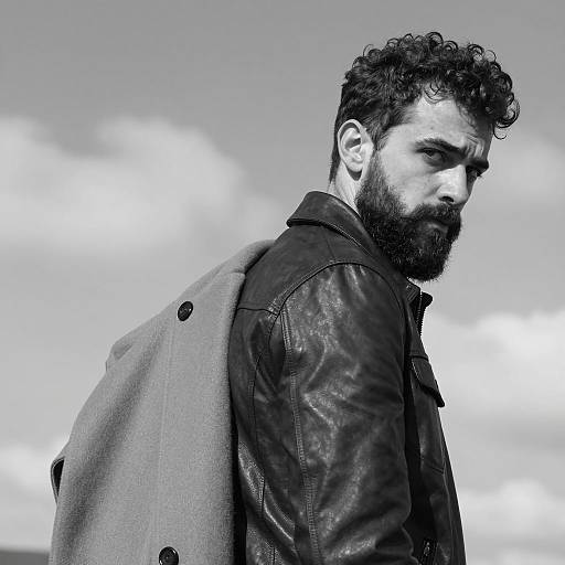 Black-and-white photograph of a bearded man with curly hair, wearing a leather jacket and draped coat, looking down against a cloudy sky.