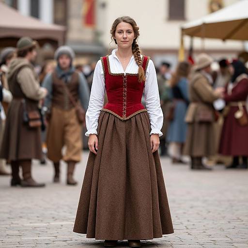 Photograph of a young woman with braided brown hair, wearing a white blouse, red corset, and brown skirt, standing in a medieval village