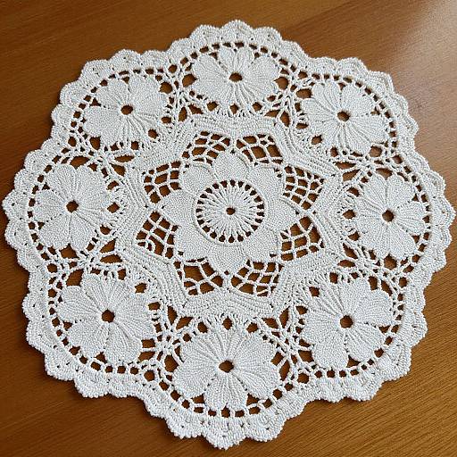Photograph of a white, intricately patterned lace doily on a wooden table, showcasing delicate floral and circular designs.
