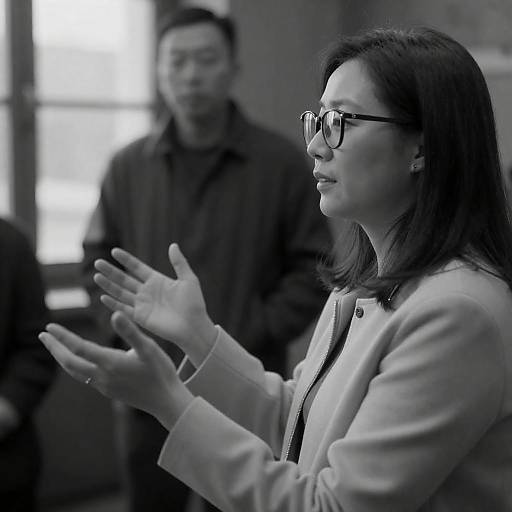 Black-and-White Woman Gesturing in Interior