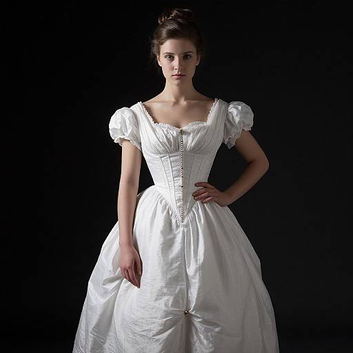 Photograph of a stern-faced woman with dark hair in an updo, wearing a white, puffed-sleeve, Victorian-style satin dress,