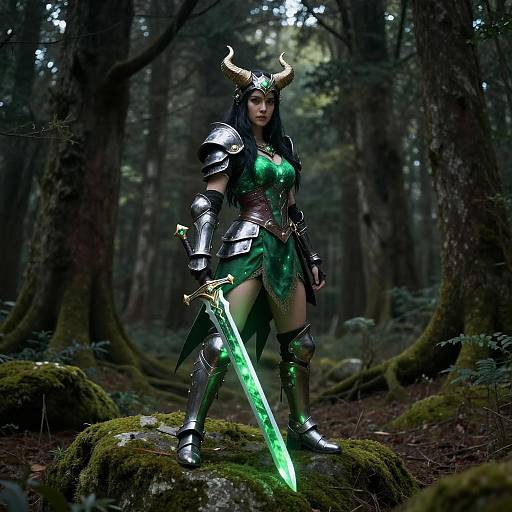 Mystical Warrior in Glowing Green Armor