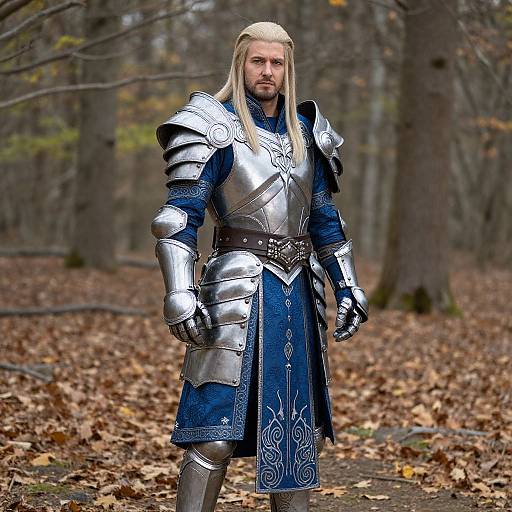 Photograph of a tall, blonde, bearded man in silver medieval armor with intricate blue and silver patterns, standing in a leaf-covered forest.