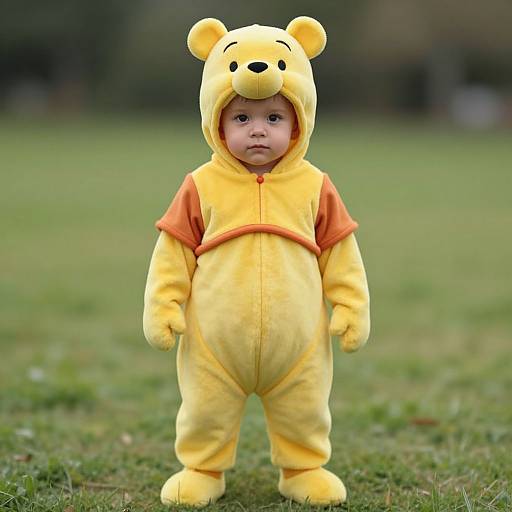 Photograph of a baby in a yellow Winnie the Pooh onesie with bear ears, standing on grass in a blurred park background.