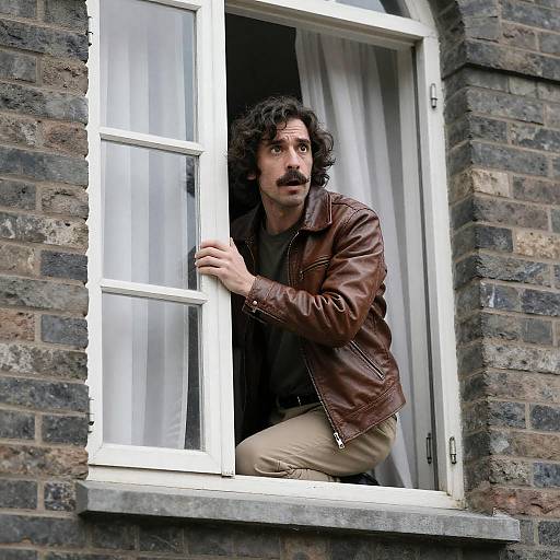 Man Leaning from Brick Window