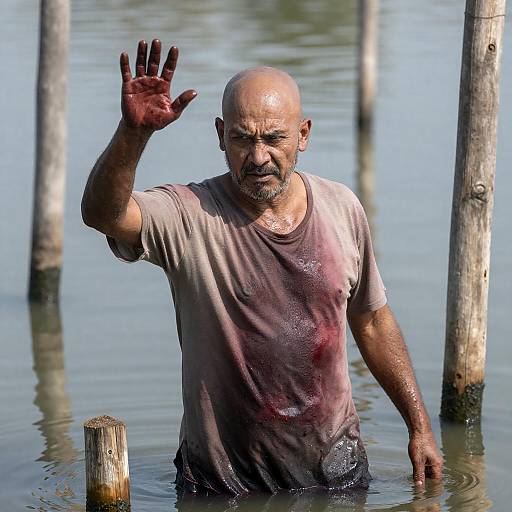 Man in Water with Raised Hand and Blood-Stained Shirt