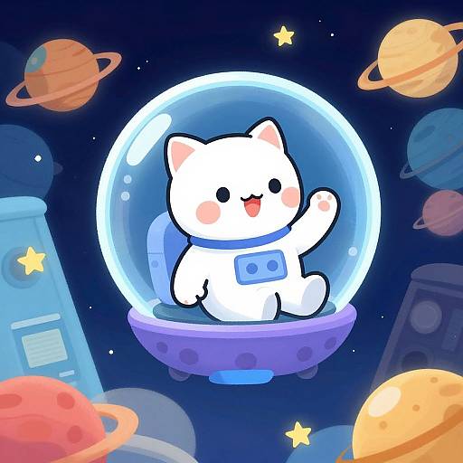 Adorable white cat in a space suit and clear bubble, waving in a colorful, cartoon-style outer space scene with planets and stars.
