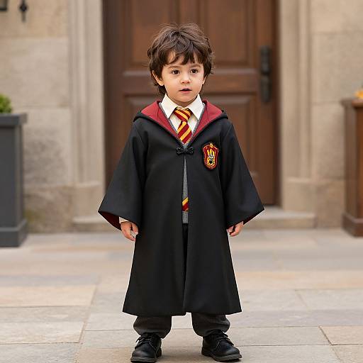 Photograph of a young boy with curly brown hair, wearing a black Hogwarts robe with red lining and yellow striped tie, standing on a stone pavement in