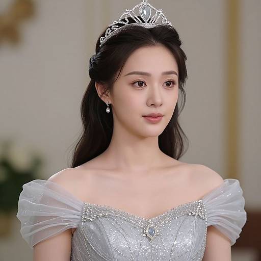 Photograph of an Asian woman with fair skin, long black hair, wearing a silver tiara, silver off-shoulder dress with puffed sleeves