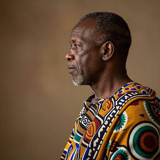 Photograph of an African man with dark skin, short gray hair, and a mustache, wearing a colorful, patterned traditional robe, profile view