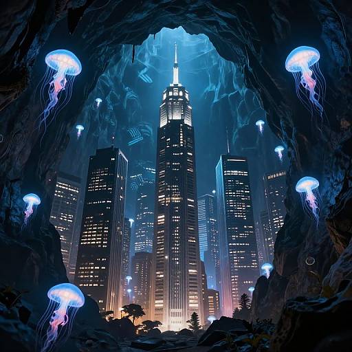 Digital artwork of a futuristic cityscape viewed through a cave, featuring glowing blue jellyfish around towering illuminated skyscrapers.
