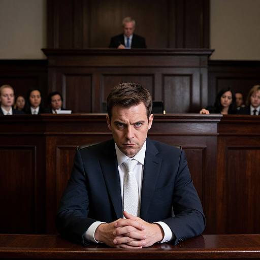 Photograph of a serious, brown-haired man in a black suit and white tie, hands clasped, sitting at a dark wooden courtroom table, with