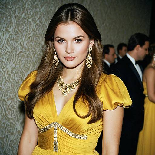 Elegant Golden Gala Dress with Jewelry