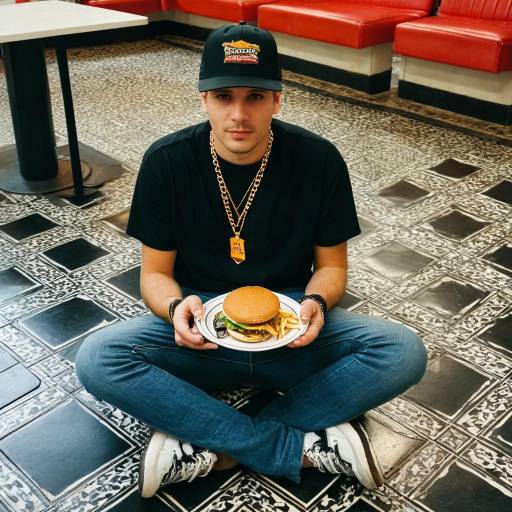 Young man sitting with burger and fries