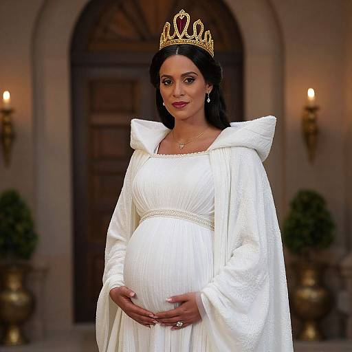 Photograph of a pregnant woman with dark hair, wearing a gold crown, white dress with high collar, and white cloak, standing in a warmly lit
