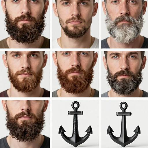 Photograph of nine men's bearded faces, arranged in a 3x3 grid, followed by two black anchor symbols below. Each man has