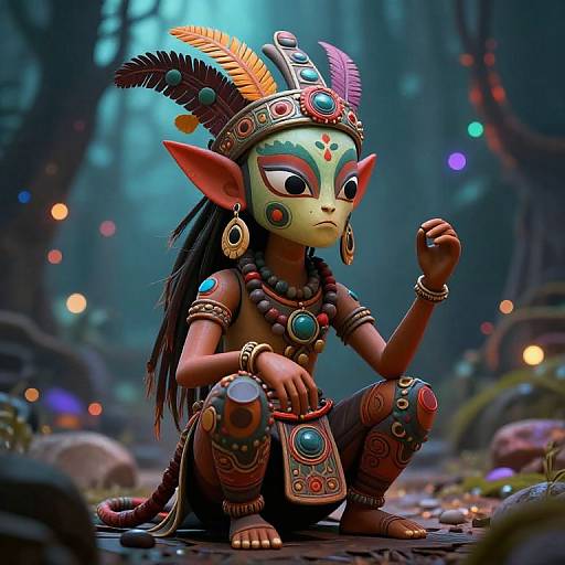 Digital artwork of a small, green-skinned goblin girl with large ears, colorful feathered headdress, adorned with jewelry, and intricate tribal clothing