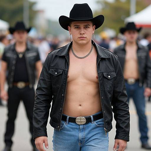 Photograph of a shirtless, young, white male cowboy with black hat, leather jacket, blue jeans, chain necklace, and muscular build, walking