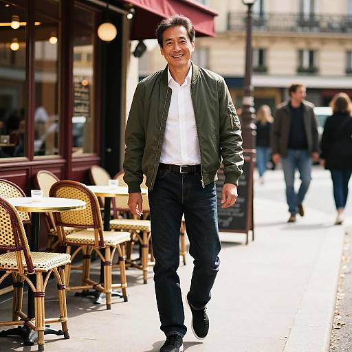 Photograph of a smiling Asian man in a green bomber jacket, white shirt, and dark jeans walking past a French café with wicker chairs and a