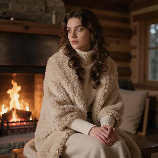 Cozy Winter Cabin Portrait by Fireplace