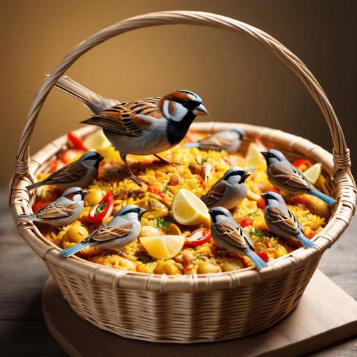 Photorealistic Sparrow with Paella Basket Photorealistic Sparrow with Paella Basket