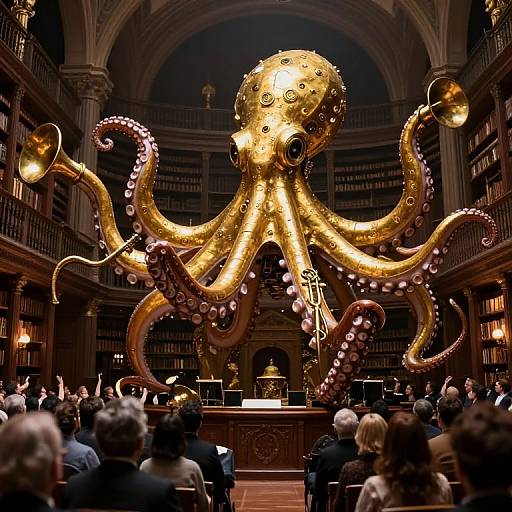 Photograph of a grand library with a massive golden octopus sculpture, featuring glowing tentacles and suckers, in the center. Audience seated in orn