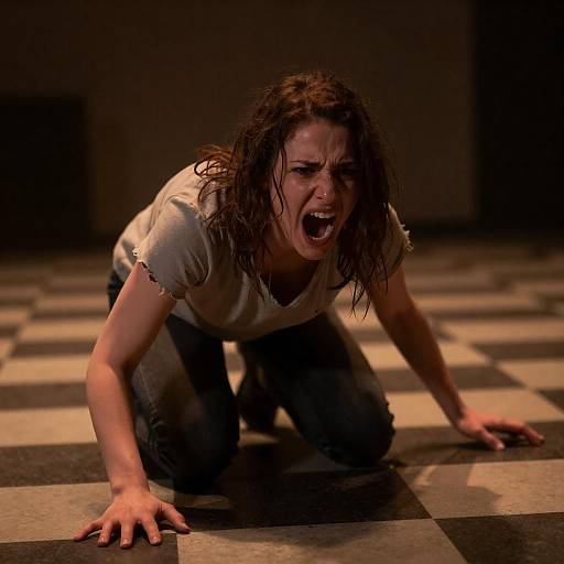 Desperate Woman Crawling on Checkered Floor