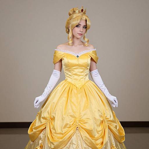 Photograph of a blonde woman in a yellow off-shoulder princess dress, white gloves, gold crown, and wavy hair, standing against a