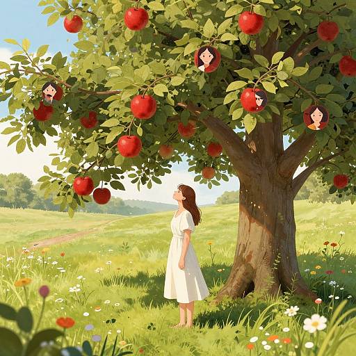 Digital illustration of a young woman in a white dress standing under a red apple tree with faceless dolls among the apples, in a sunny, grassy