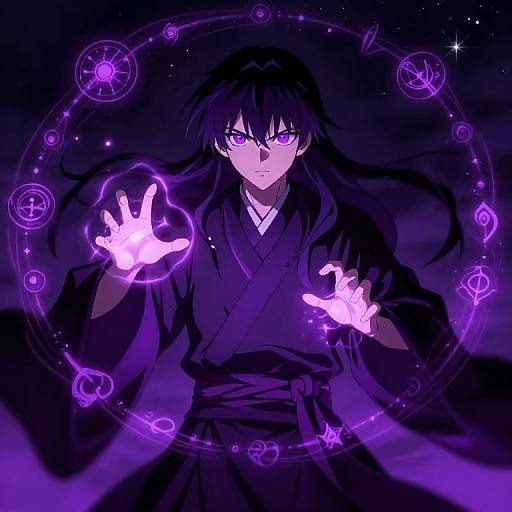 Digital anime-style illustration of a black-haired, purple-eyed mage in a dark kimono, casting glowing purple magic spells in a starry night sky.