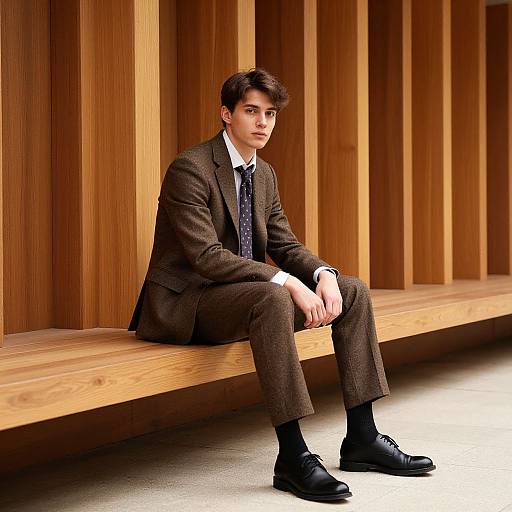 Young Man in Tweed Suit on Wooden Bench