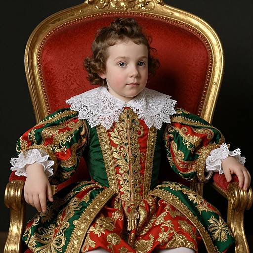 Photograph of a young boy with curly brown hair, wearing an ornate red and green velvet dress with gold embroidery, white lace collar, sitting on