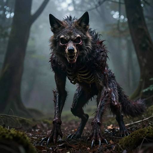 Digital artwork of a menacing, skeletal, wolf-like creature with dark fur and glowing eyes, standing in a misty, eerie forest.