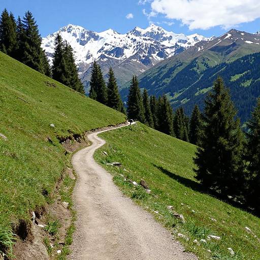 Photograph of a winding gravel path through lush green hills, bordered by tall pine trees, leading to snow-capped mountains under a bright blue sky.