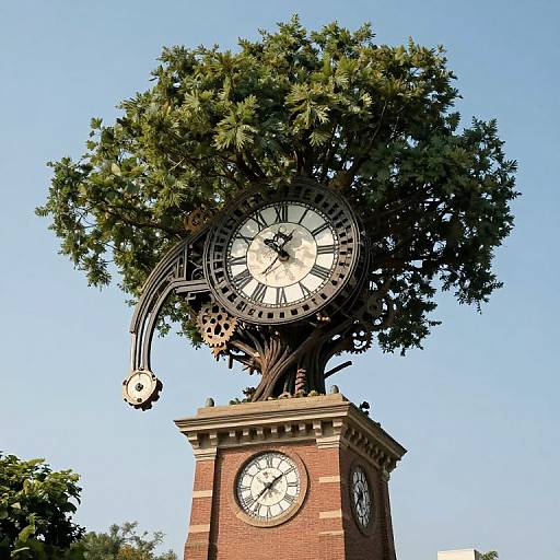 Photograph of an ornate clock tree with a large white clock face, black Roman numerals, and intricate metalwork, set atop a red brick