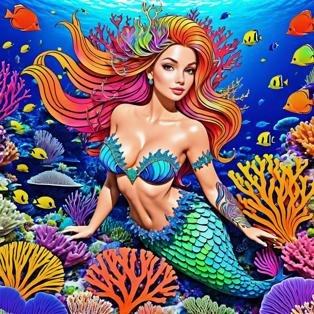 Vibrant Mermaid Coral Reef Coloring Page