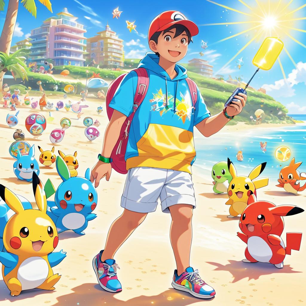 Joyful Pokémon Trainer at the Beach