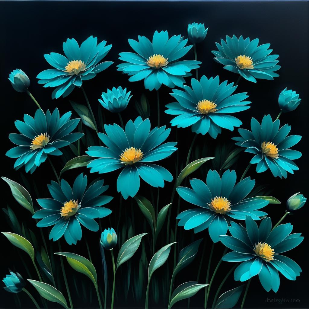 Teal Flowers in Dark Oil Painting