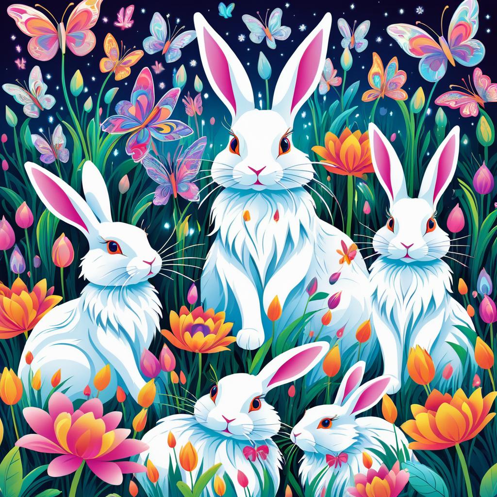 Whimsical Garden of Colorful Rabbits