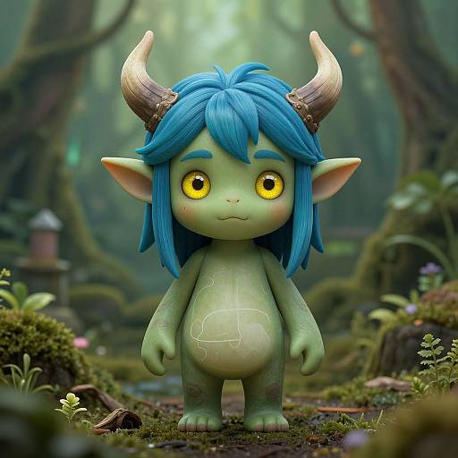 CGI fantasy image of a green, chubby, horned goblin with bright blue hair and yellow eyes, standing in a mossy forest.
