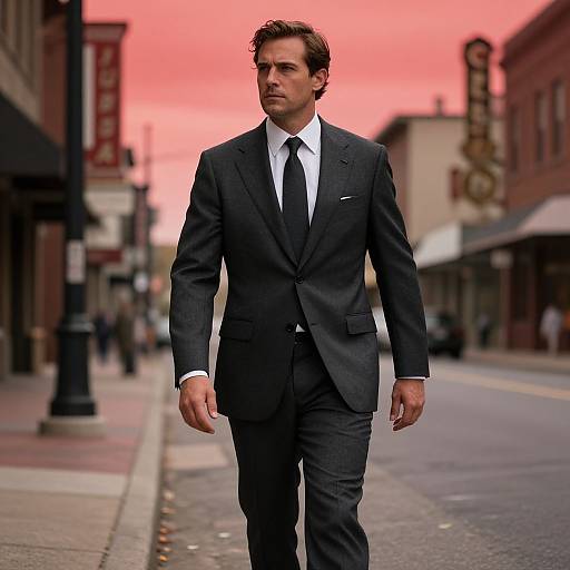 Man in Classic Charcoal Suit Downtown
