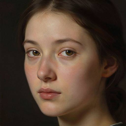 Photorealistic digital portrait of a young woman with fair skin, brown eyes, and dark brown hair, against a black background.