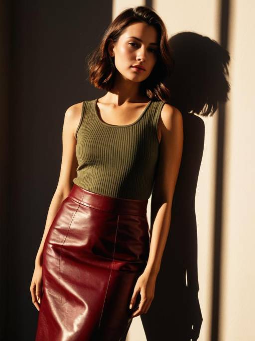 Woman in Olive Green Tank and Cherry Red Leather Skirt