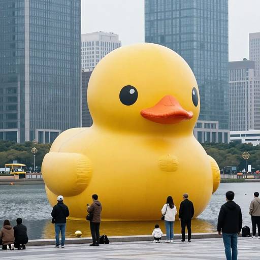 Photograph of a giant, yellow inflatable rubber duck beside a city waterfront, surrounded by people, tall skyscrapers, and a calm river.