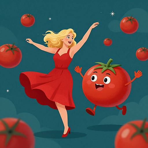 Cartoon illustration of a blonde woman in a red dress dancing joyfully with a smiling, anthropomorphic tomato in a blue night sky filled with floating red