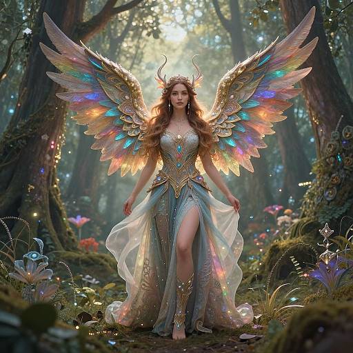 Fantastical forest scene with a beautiful angelic woman in a shimmering dress, rainbow wings, and horned crown, surrounded by glowing mushrooms and