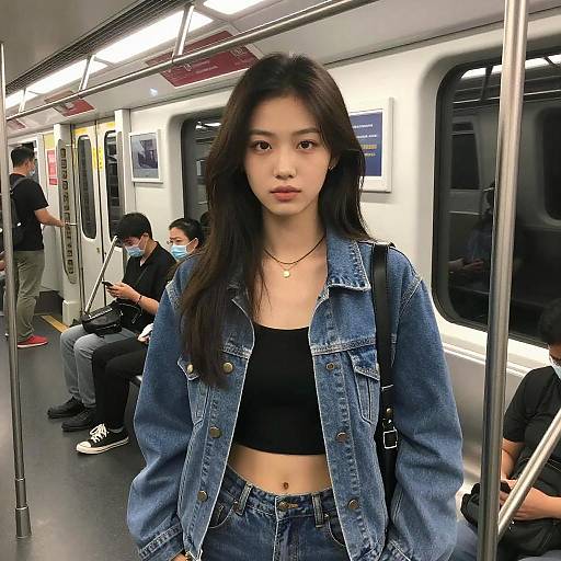 Photograph of an Asian woman with long black hair, wearing a denim jacket and black crop top, standing on a brightly lit subway car, with other