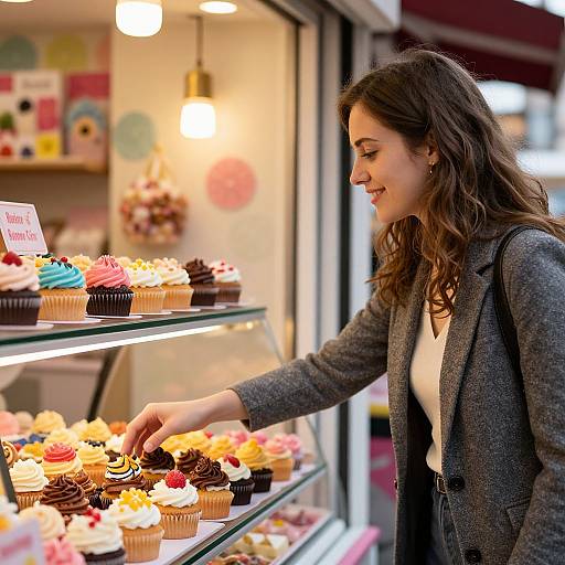 Photograph of a smiling brunette woman in a gray blazer, selecting colorful cupcakes from a display case in a brightly lit bakery.