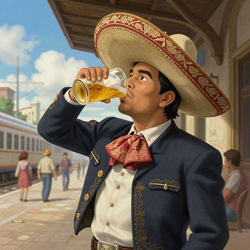Mexican Man Drinking Beer at Train Station